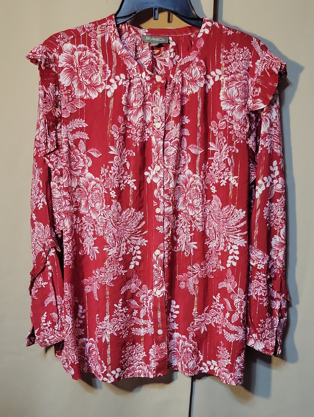 Style & Co. Red Floral Button-Front Ruffle Blouse